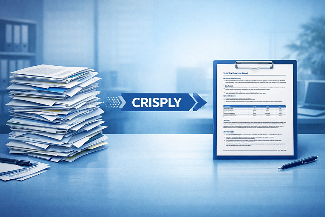 CRISPLY process visualization showing transformation from scattered research to authoritative reports